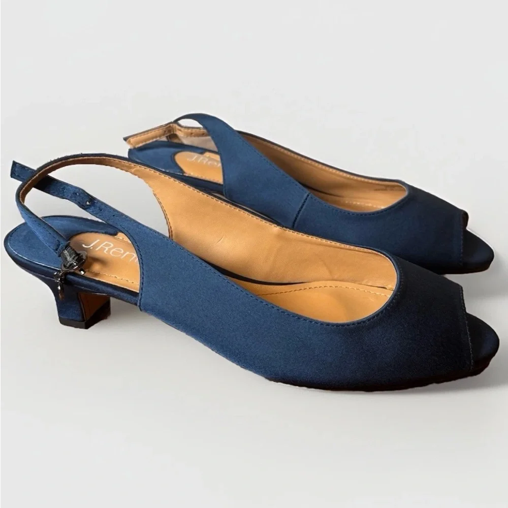 (9.5) J.Renee Elegant Slingback Dark Blue Peep-Toe Heels
